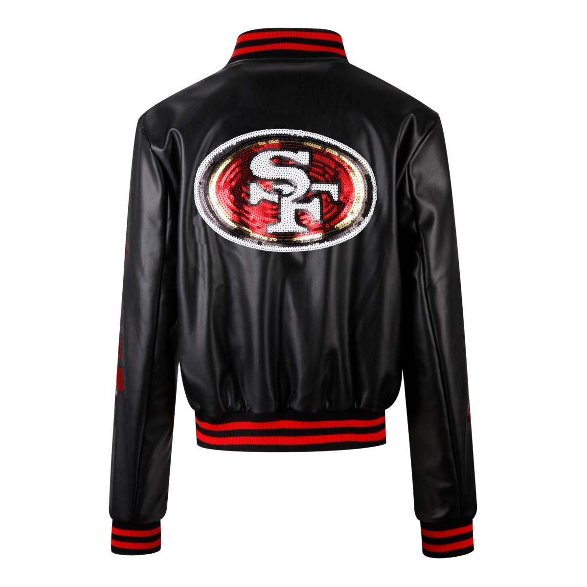 Officially Licensed NFL Sequin Logo Faux Leather Bomber Jacket