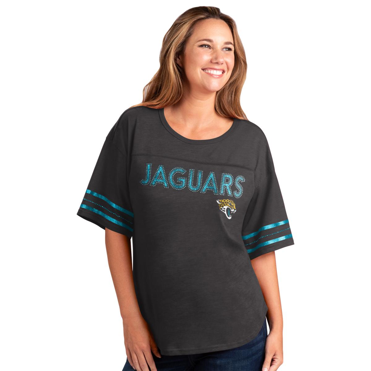 Women's Jacksonville Jaguars Rhinestone Football V-neck T-Shirt Tee Bling  lady