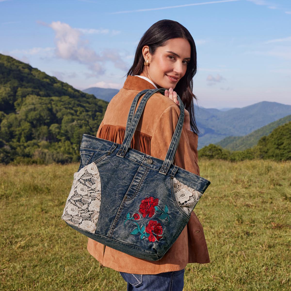 Floral Embroidered Denim Tote store Bag