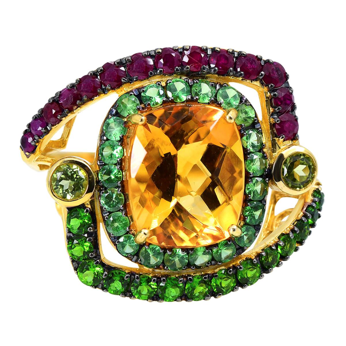 Rarities Madeira Citrine Ruby and Tsavorite Gold Plated Ring