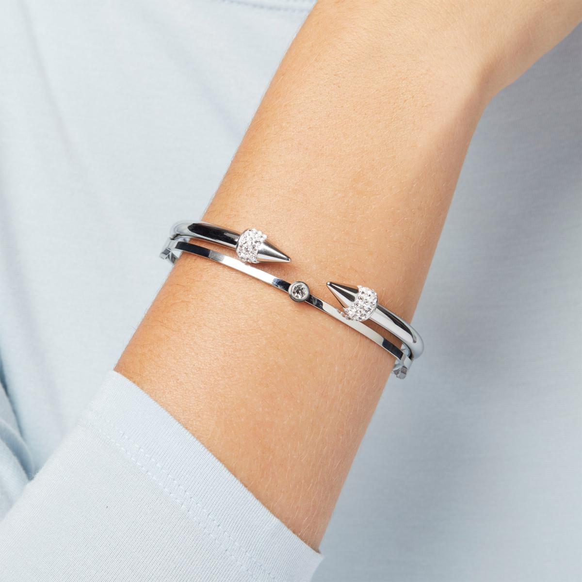 Stately Steel 2-piece Crystal-Accented Bangle and Cuff Bracelet