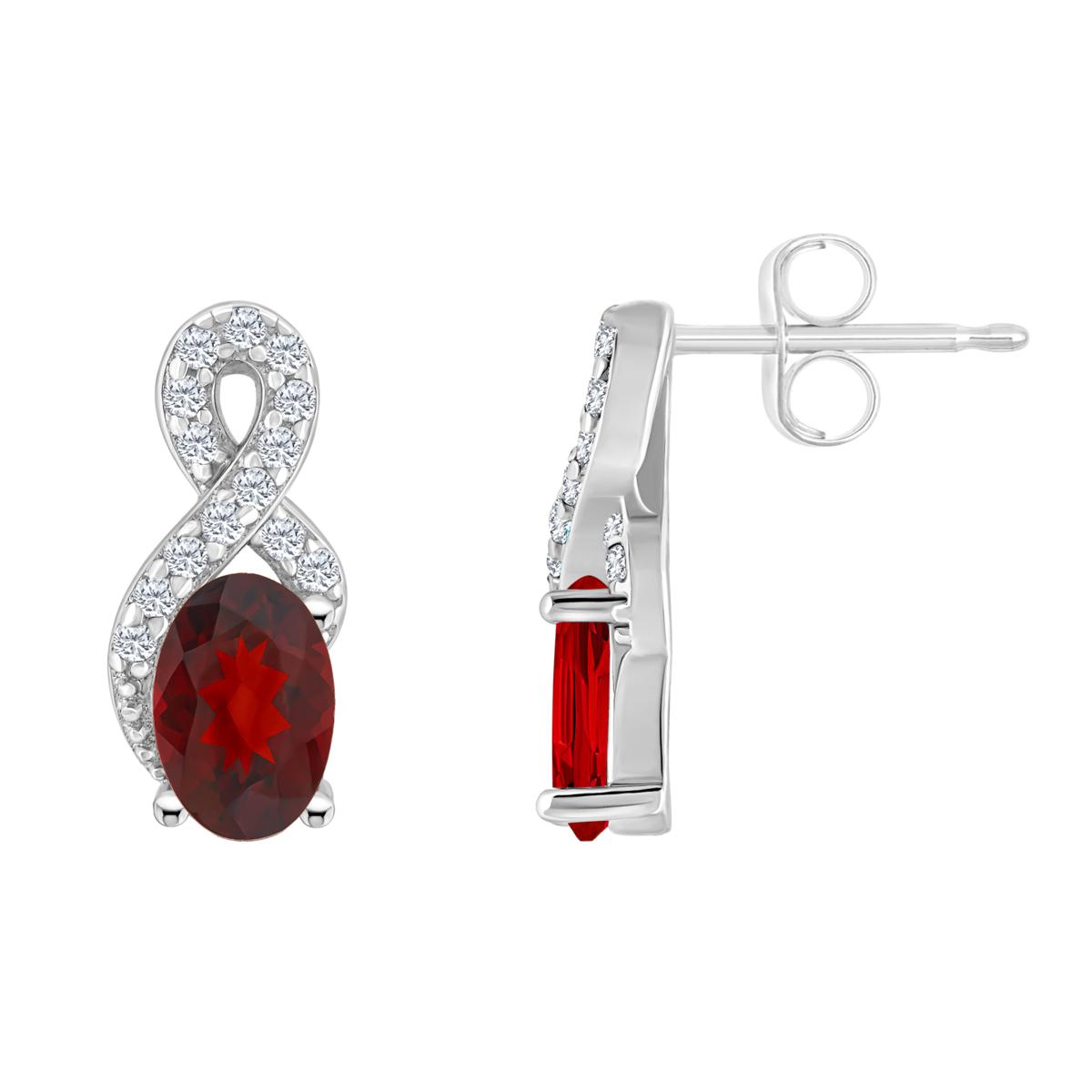 Sterling Silver Garnet and White Topaz Oval Crown Necklace & Stud Earrings  Set