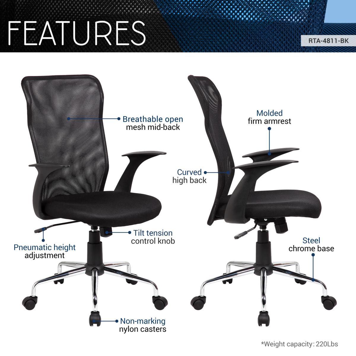 Techni Mobili  High Back Executive Mesh Office Chair with Arms, Lumbar  Support and Chrome Base