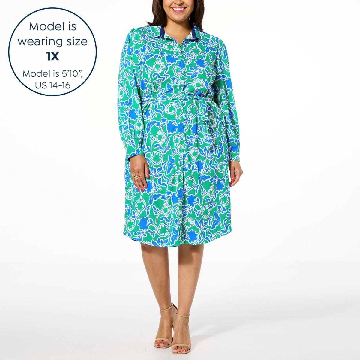 Tower Hill by Christie Brinkley Long Sleeve Shirt Dress with Belt - Pink - Size Petite/Large