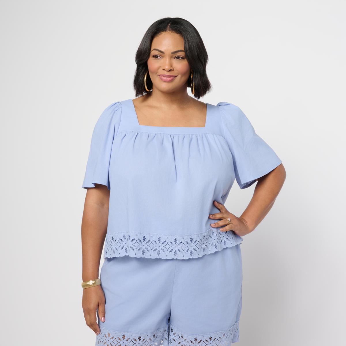 Tower Hill by Christie Brinkley Popover Blouse with Lace Trim Hem