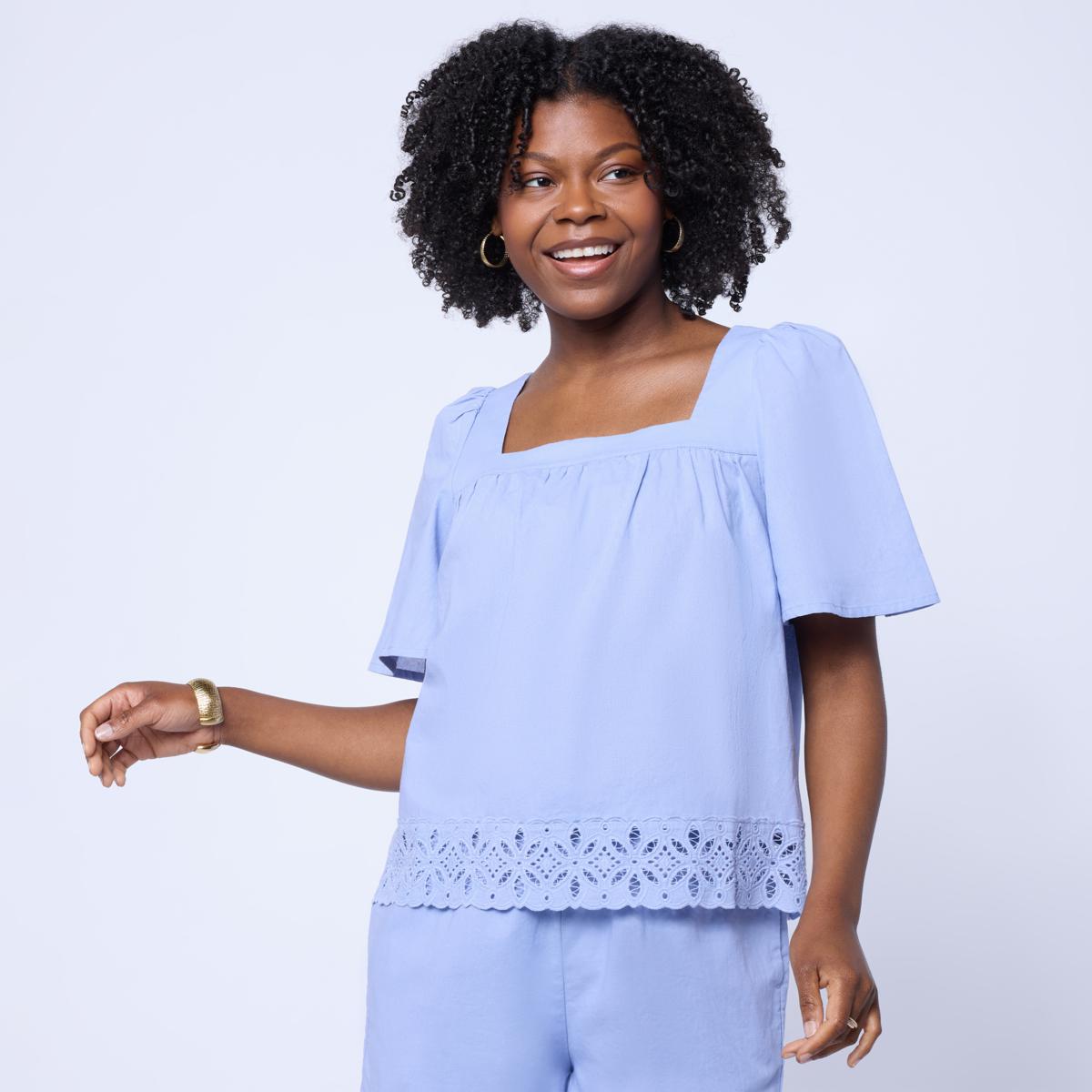 Tower Hill by Christie Brinkley Popover Blouse with Lace Trim Hem