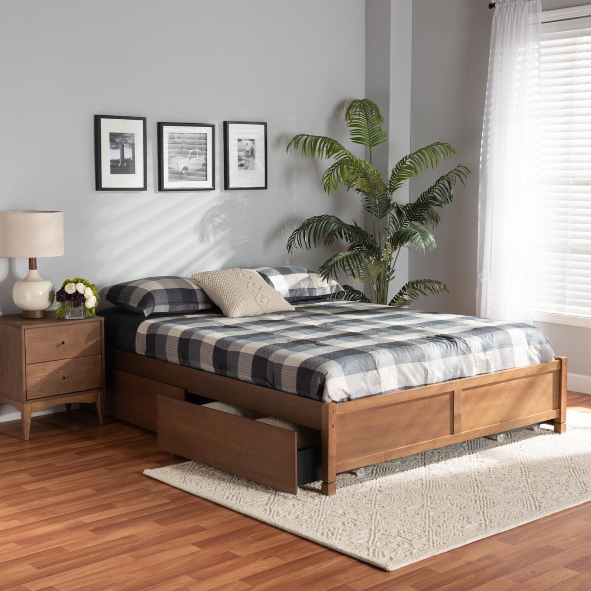 Baxton Studio Yara Modern and Contemporary Walnut Brown Finished Wood King Size 4 Drawer Platform Storage Bed Frame