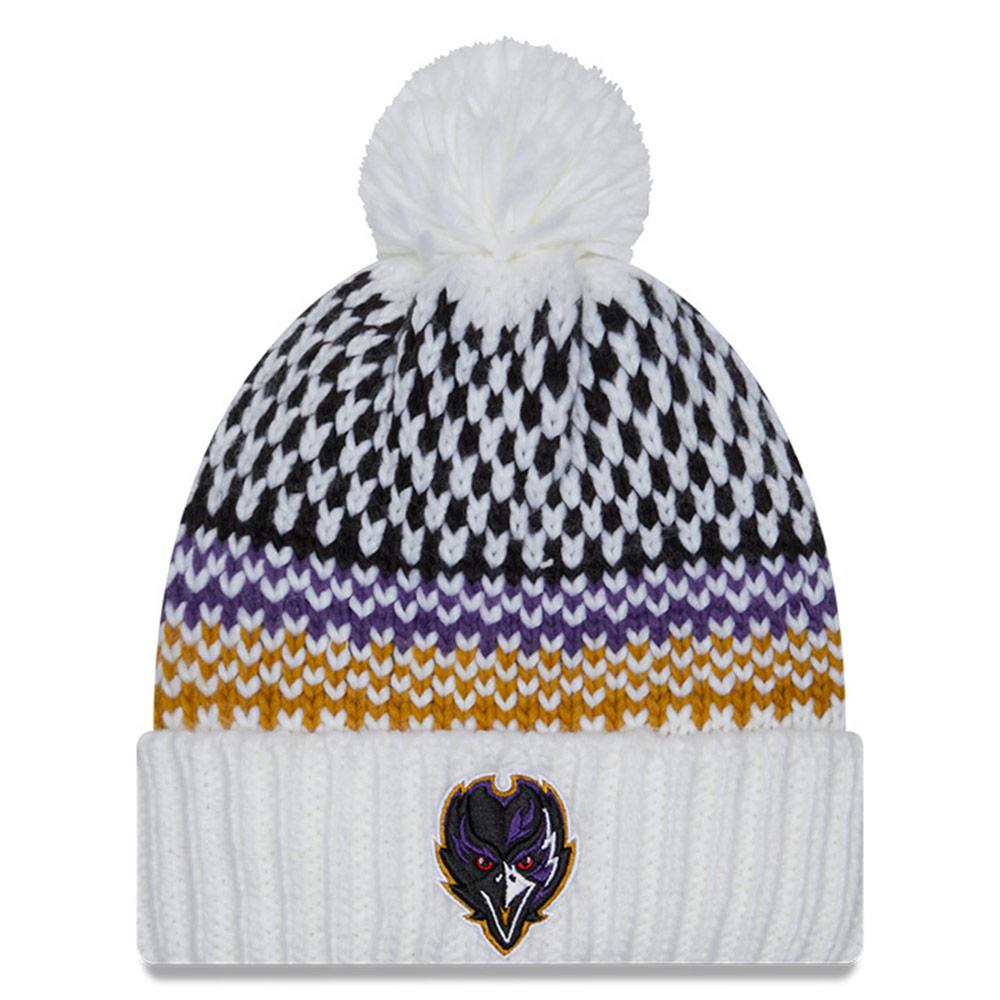 Women's New Era White Baltimore Ravens 2023 Sideline Cuffed Knit Hat with Pom