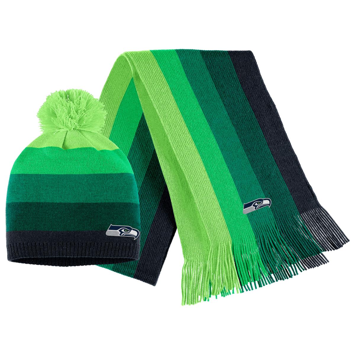 Women's Wear by Erin Andrews Neon Green Seattle Seahawks Ombre Pom Knit Hat and Scarf Set