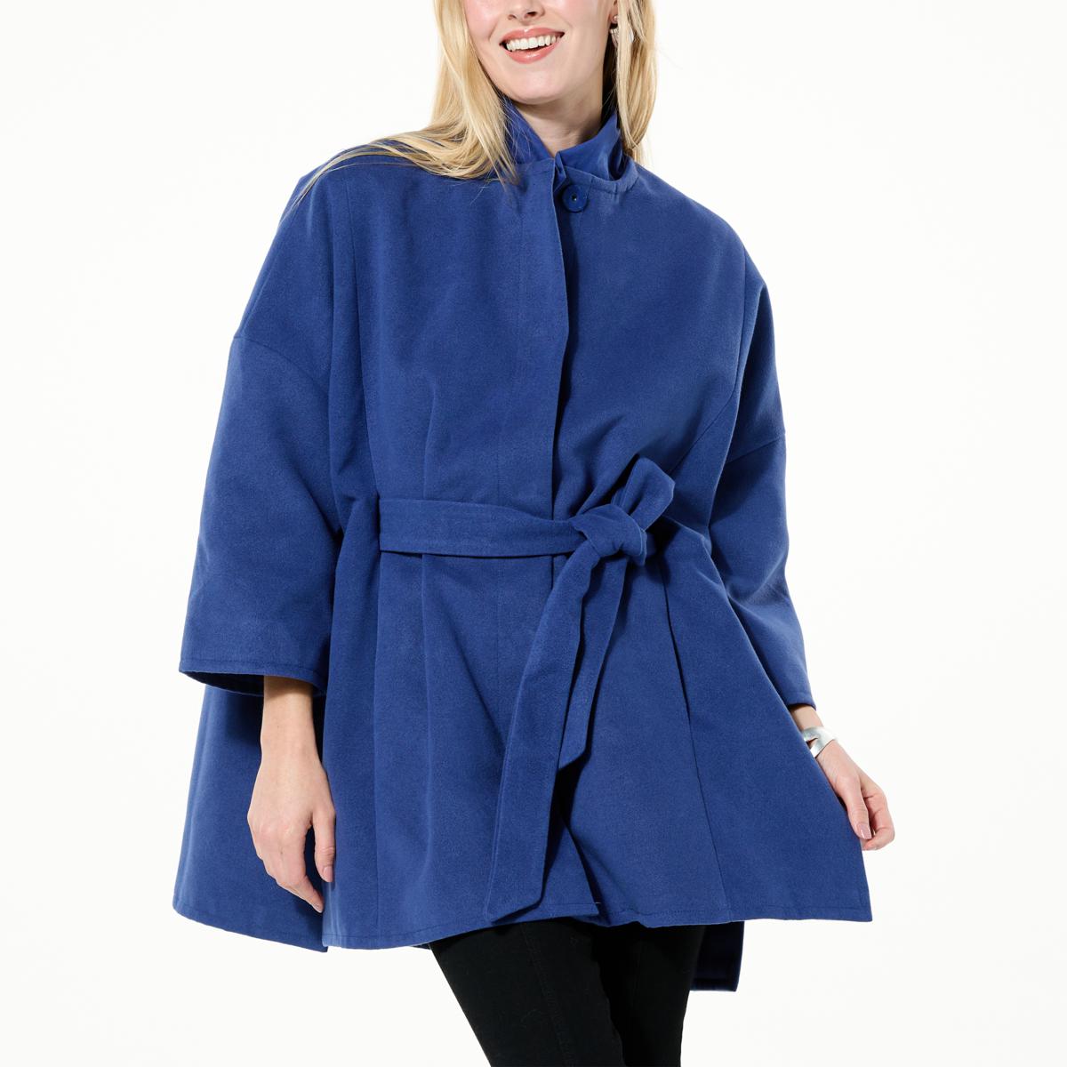 WynneCollection Faux Fur Collar Button-Front Drama Poncho