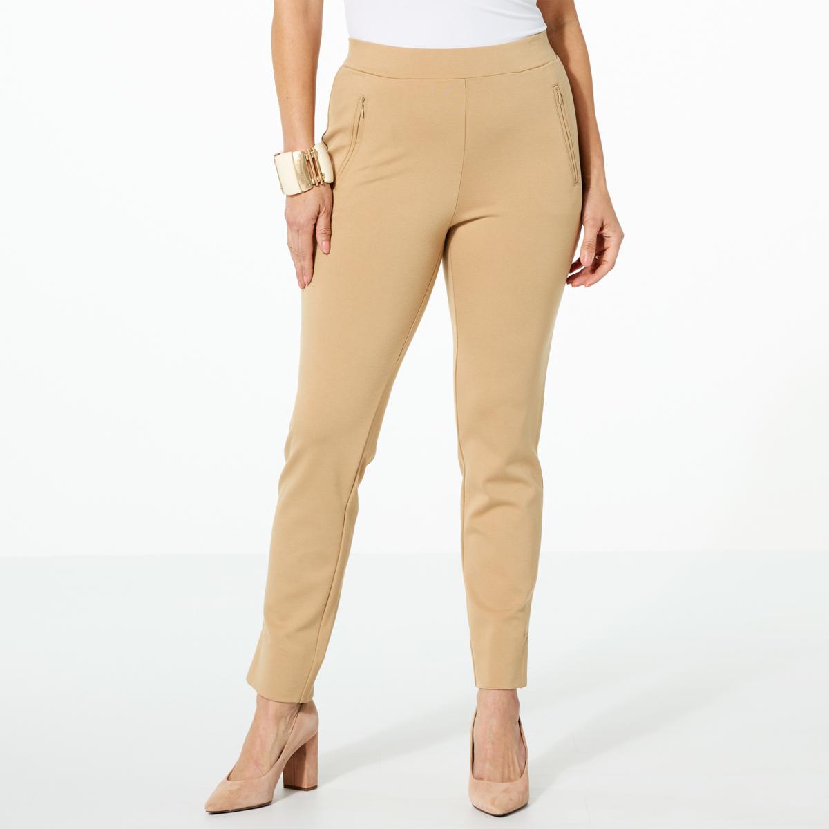 Straight ankle length linen trousers/pants with an elastic band and pockets