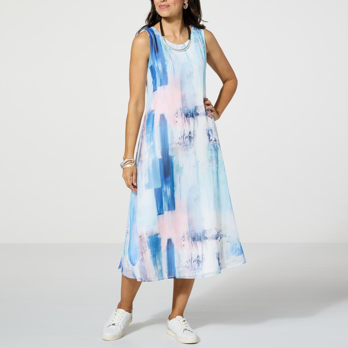 ● AND YOU ● Oakley Embroidered Layered Slip Dress Aqua Tropical Print Padded Halter O-Ring Cut Out Slit Belted