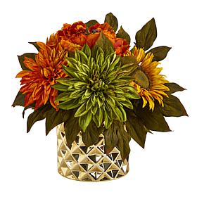 11 in. Peony, Dahlia and Sunflower Artificial Arrangement in Gold Vase