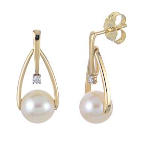 14K Gold 6-6.5mm Cultured Pearl and Diamond Abstract Drop Earrings