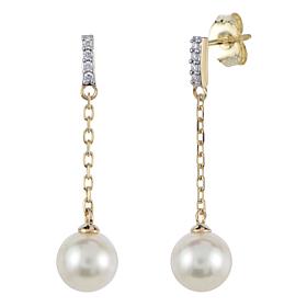 14K Gold 6.5-7mm Cultured Akoya Pearl and Diamond Dangle Earrings