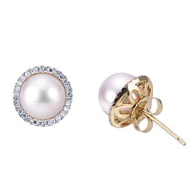 14K Gold 8-8.5mm Cultured Akoya Pearl and Diamond Halo Stud Earrings