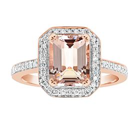 14K Rose Gold-Plated Emerald-Cut Morganite and Diamond Ring
