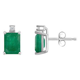14K White Gold 6x4mm Emerald-Cut Gemstone and Diamond Stud Earrings