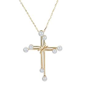 18" 14K Gold 2.75-3.5mm Cultured Freshwater Seed Pearl Cross Necklace