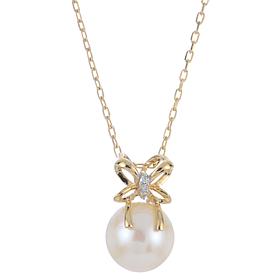 18" 14K Gold Cultured Freshwater Pearl and Diamond Bow Necklace