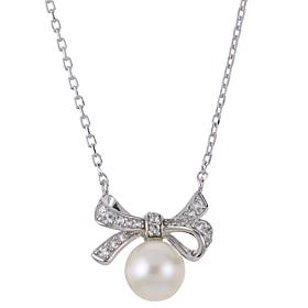 18" 7-7.5mm Cultured Pearl and Created Gem Bow Necklace