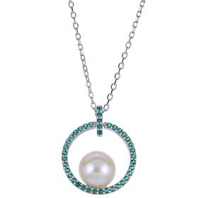 18" 8-8.5mm Cultured Pearl and Created Gem Open Circle Drop Necklace