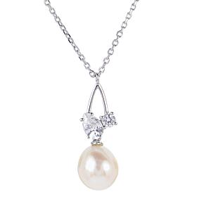 18" 9-10mm Cultured Pearl and Created Sapphire Cluster Drop Necklace 