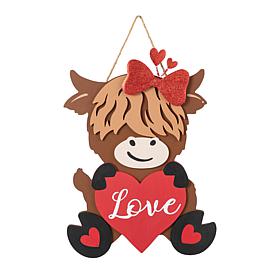 18"H Valentine's Wooden Highland Cow with Heart Door Hanger