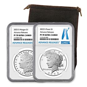 2025 PF70 NGC Advance Release Morgan and Peace Silver Dollar Set
