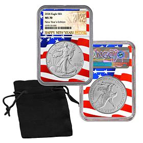 2026 MS70 NGC Silver Eagle w/New Year's Edition Label & U.S. Flag Core