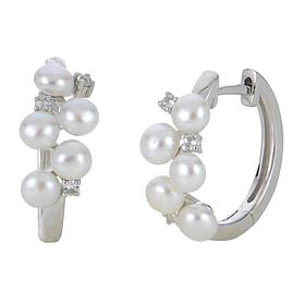 3-4mm Cultured Pearl and Created White Sapphire Cluster Hoop Earrings