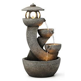 32"H 4-Tiered Pagoda Polyresin Outdoor Fountain w/ Pump and LED Light
