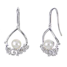 6-6.5mm Cultured Pearl and Created Sapphire Floral Drop Earrings