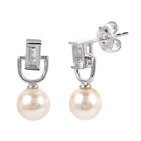 7-7.5mm Cultured Pearl and White Topaz U-Drop Earrings