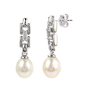 7-8mm Cultured Pearl and White Topaz Link Drop Earrings