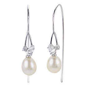 7.5-8mm Cultured Pearl and Created Sapphire Cluster Drop Earrings