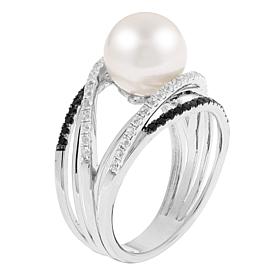 9-9.5mm Cultured Pearl, White Topaz and Black Spinel Ring