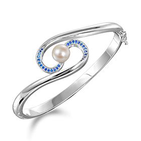 Alamea Sterling Silver Cultured Pearl and Aquamarine Bangle Bracelet