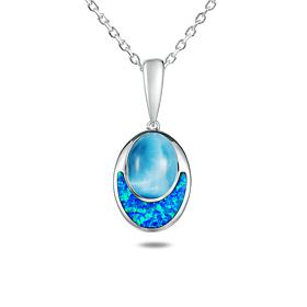 Alamea Sterling Silver Larimar and Created Opal Oval Pendant