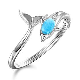 Alamea Sterling Silver Larimar and White Topaz Dolphin Bangle Bracelet