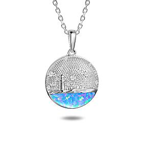 Alamea Sterling Silver Synthetic Blue Opal CZ Light House Disc Pendant