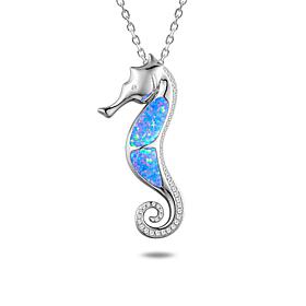 Alamea Sterling Silver Synthetic Blue Opal Seahorse Pendant Necklace
