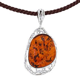 Amber Extraordinaire Sterling Silver Freeform Pendant with Satin Cord