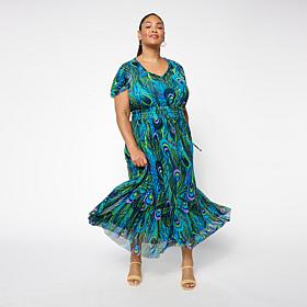 "As Is" C Wonder Mesh Printed Flutter Sleeve Tiered Dress