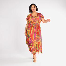 "As Is" C Wonder Mesh Printed Flutter Sleeve Tiered Dress
