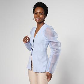 "As Is" C Wonder Organza Sleeve Ribbed Cardigan