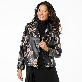 "As Is" Colleen Lopez Embroidered Faux Leather and Print Moto Jacket