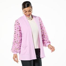 "As Is" Colleen Lopez Feathered Balloon Sleeve Cardigan