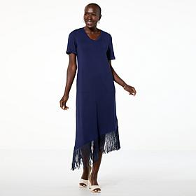 "As Is" Colleen Lopez Knit Everywhere T-Shirt Dress with Fringe Hem