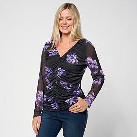 "As Is" Colleen Lopez Printed Ruched Mesh Knit Top